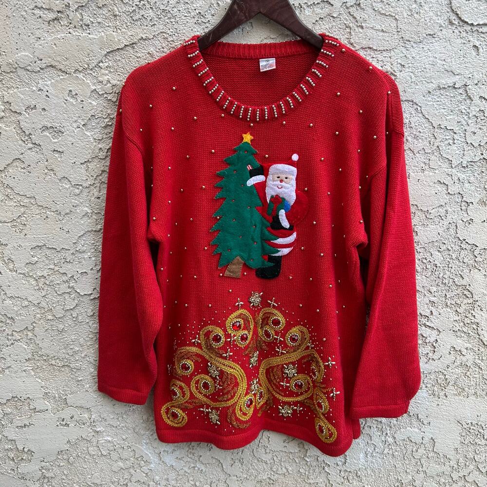 Vintage Christmas Santa Tree Beaded Sweater Red Size Womens Medium